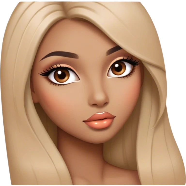 Glamourous, light brown skin tone, very beautiful girl, with big plump peach-beige lips, long long lashes, black straight smooth silky long hair, straight parting hair, brown eyes emoji