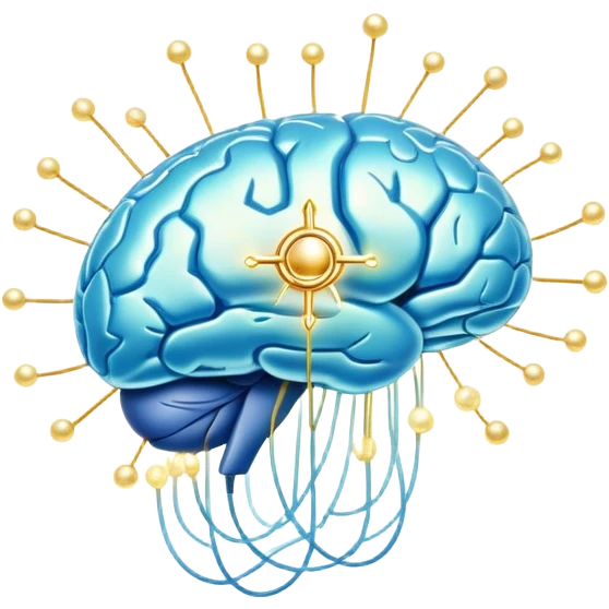 Shimmering pearlescent blue capsule floating in the foreground with an ethereal, glowing brain positioned behind it. Golden neural connections illuminate the brain. A small liver symbol nearby, all surrounded by a mystical aura of mental clarity emoji
