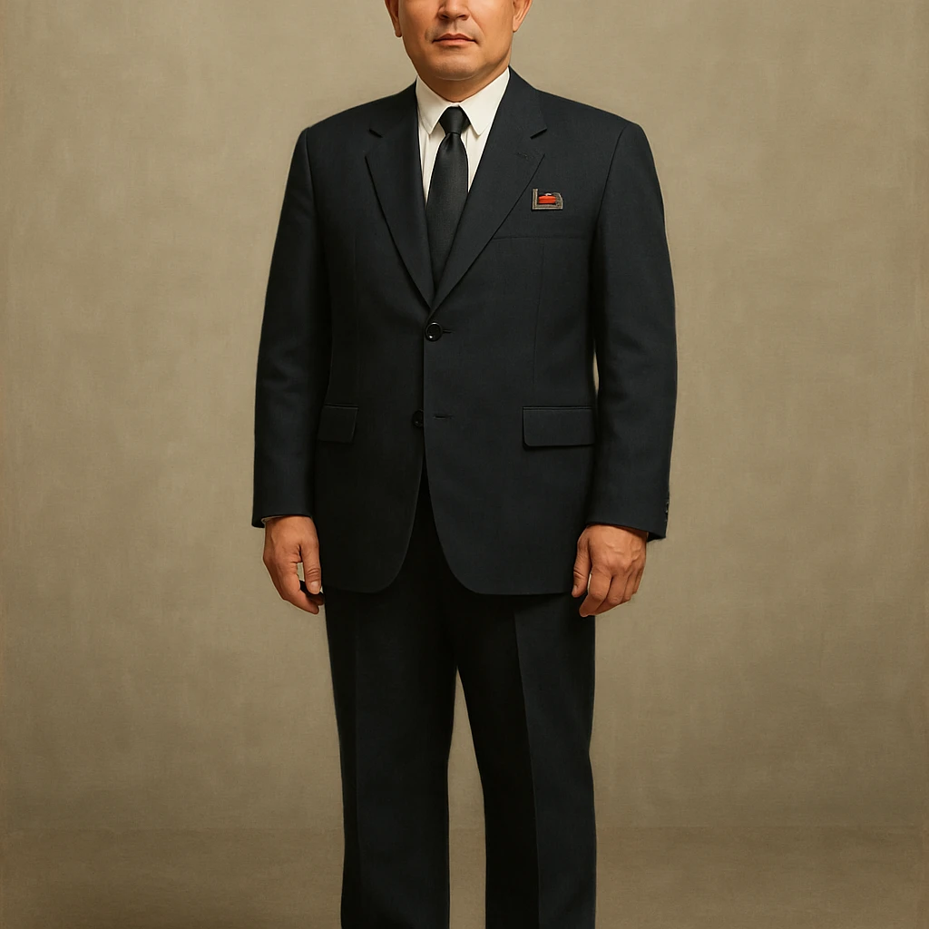 Official portrait of a North Korean man, head of the hull production workshop at a shipyard, serious and formal style, dark suit, neutral background, confident and focused expression, style inspired by Soviet and North Korean official portraits, full body, not cropped, head not cut off, head and feet fully in frame, variation 2 emoji