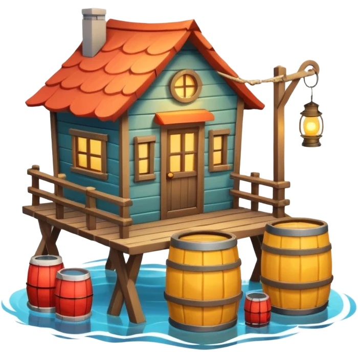 
fisherman house on a wooden pier, small dock, fishing nets hanging, barrels, lantern, ocean vibe, 3D cartoon, cute mobile game icon, clean background, no text
 emoji