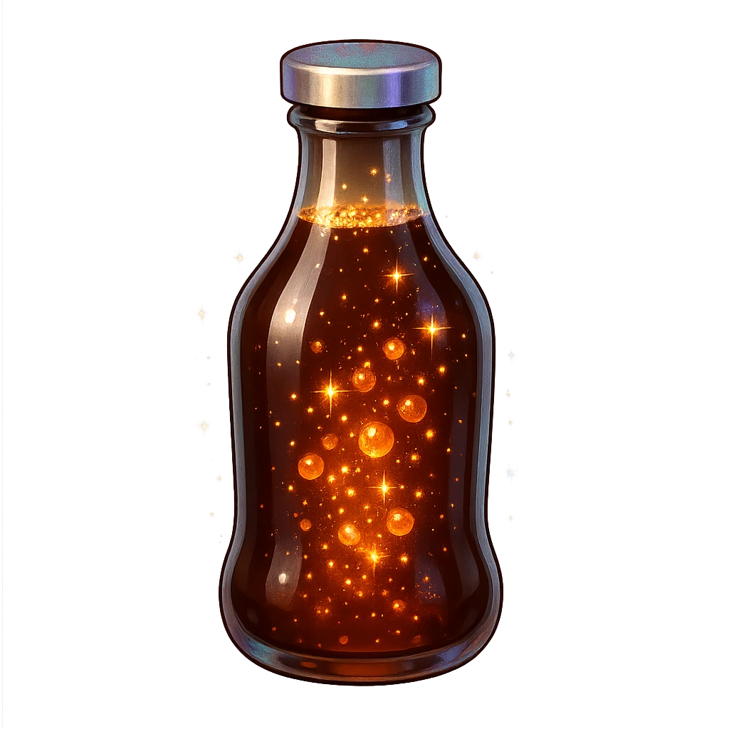 coffee bottle-shaped luxurious elixir bottle, rich coffee brown color, bubbling effect inside, iridescent and silver details, intense magical glowing and sparkling effects, very small neck, seamless bottom, transparent background, floating, no base or shadow, modern, matching a collection emoji
