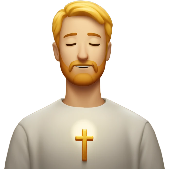 man with orange beard, short blond hair as he praying, with a holy shine behind him emoji