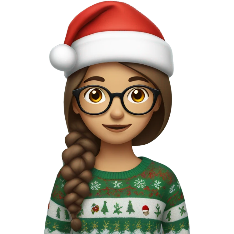 Brown haired girl with glasses wearing a Santa hat and Christmas sweater  emoji