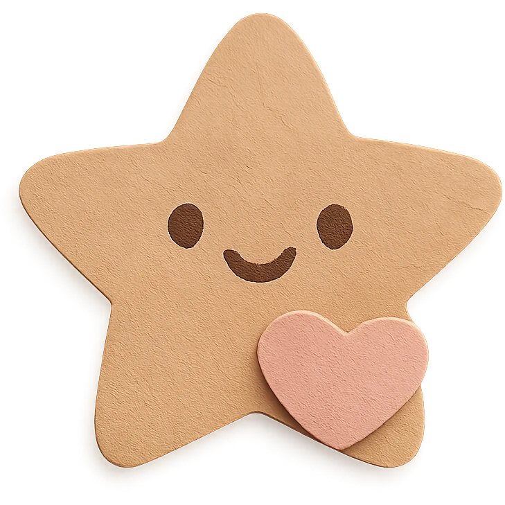 Happy pastel brown star with a tiny pastel heart in front, no arms or legs, full body, transparent background, kawaii paper craft style. emoji