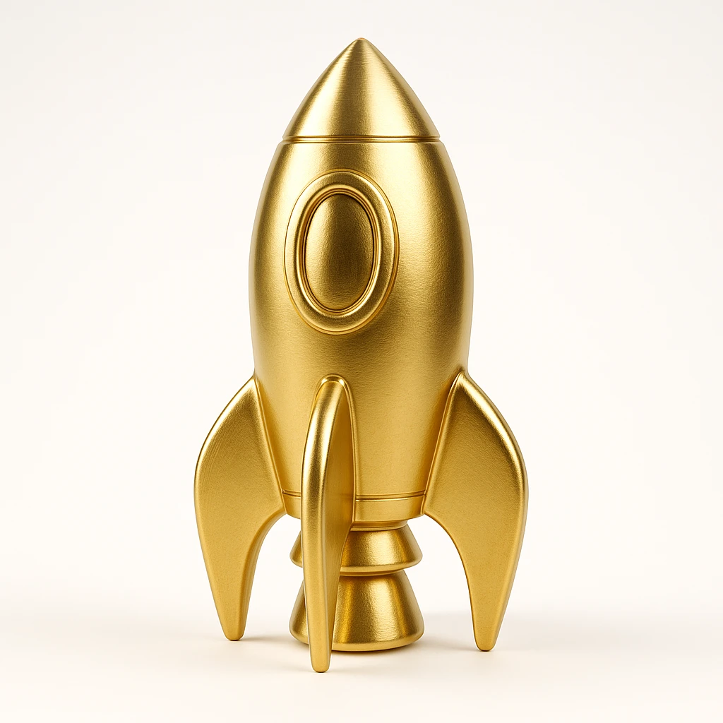 golden rocket ship, stylized, gold objects style emoji