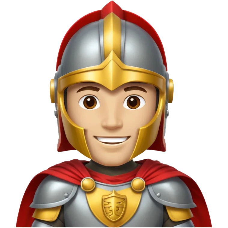 A friendly Trojan warrior mascot with a large cartoon-style head, wearing a silver helmet with a red crest and black cheek guards. confident smile. The character wears dark armor with metallic details and a bright yellow cape emoji