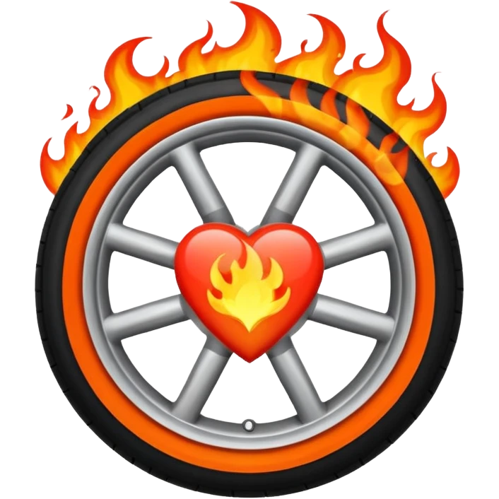 a car wheel on fire, and in the center of the wheel (instead of the car icon) there is a red flaming heart emoji