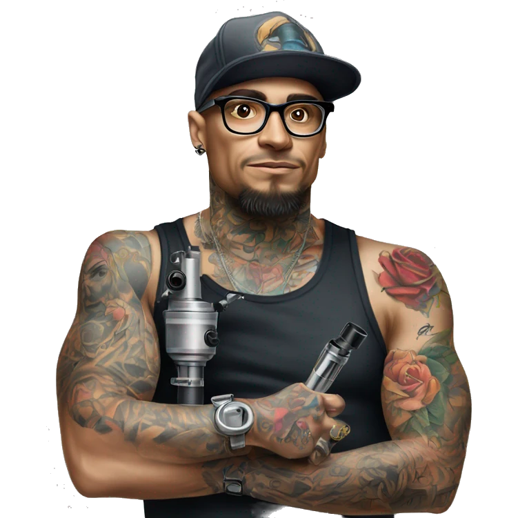 cap and glasses man half body tattoo artist with tattoo holding tattoo machine emoji