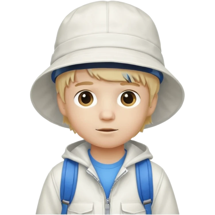A little boy student white skin, blonde hair, with white bucket hat, white jacket, blue backpack emoji
