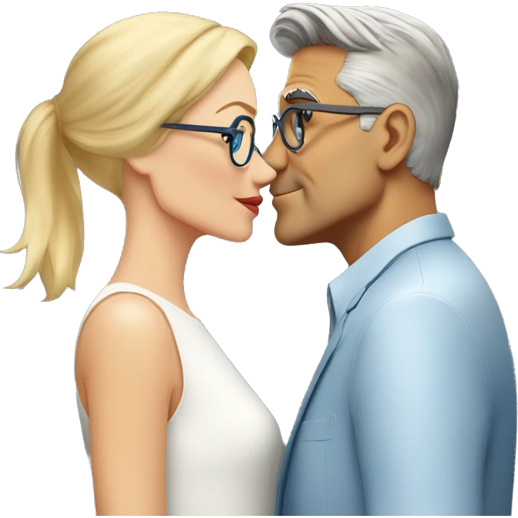 blonde woman with blue eyes and glasses kissing George Clooney cheek emoji