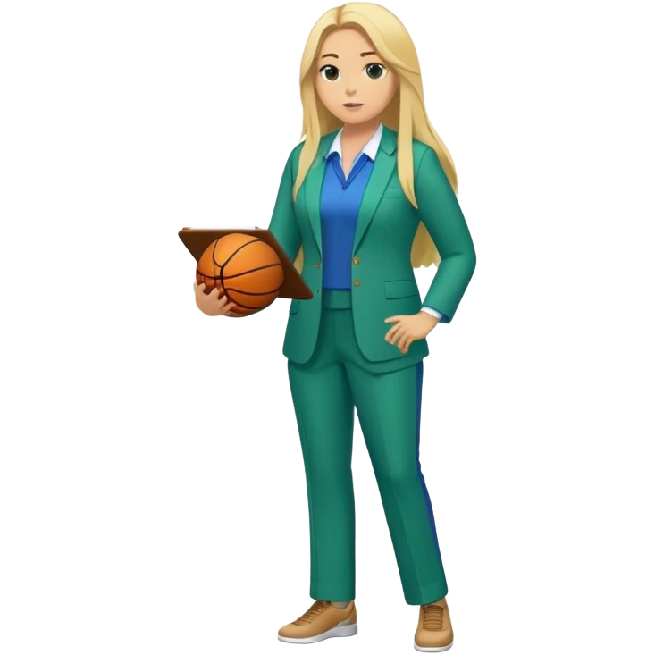 Full Body white plus size female basketball head coach using a clipboard with long blonde hair in a blue and green suit emoji