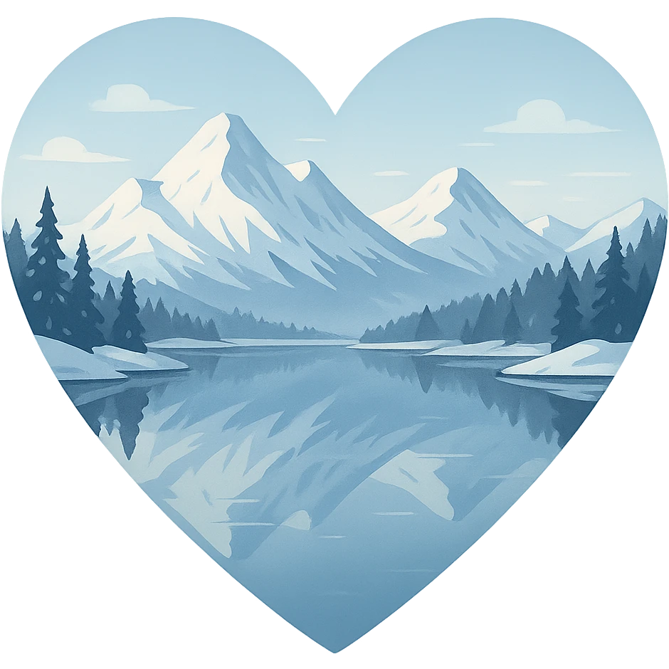 heart with a snowy mountain lake, clean digital illustration emoji