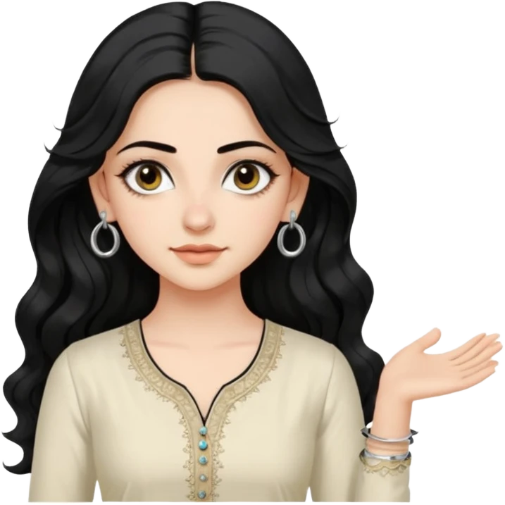 a pretty bratz fair girl with long wavy black hair, kajal under eyes, small silver hoop. ivory coloured kurti emoji