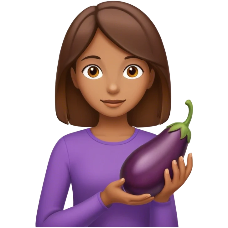 Eager brown hair girl hold eggplant emoji