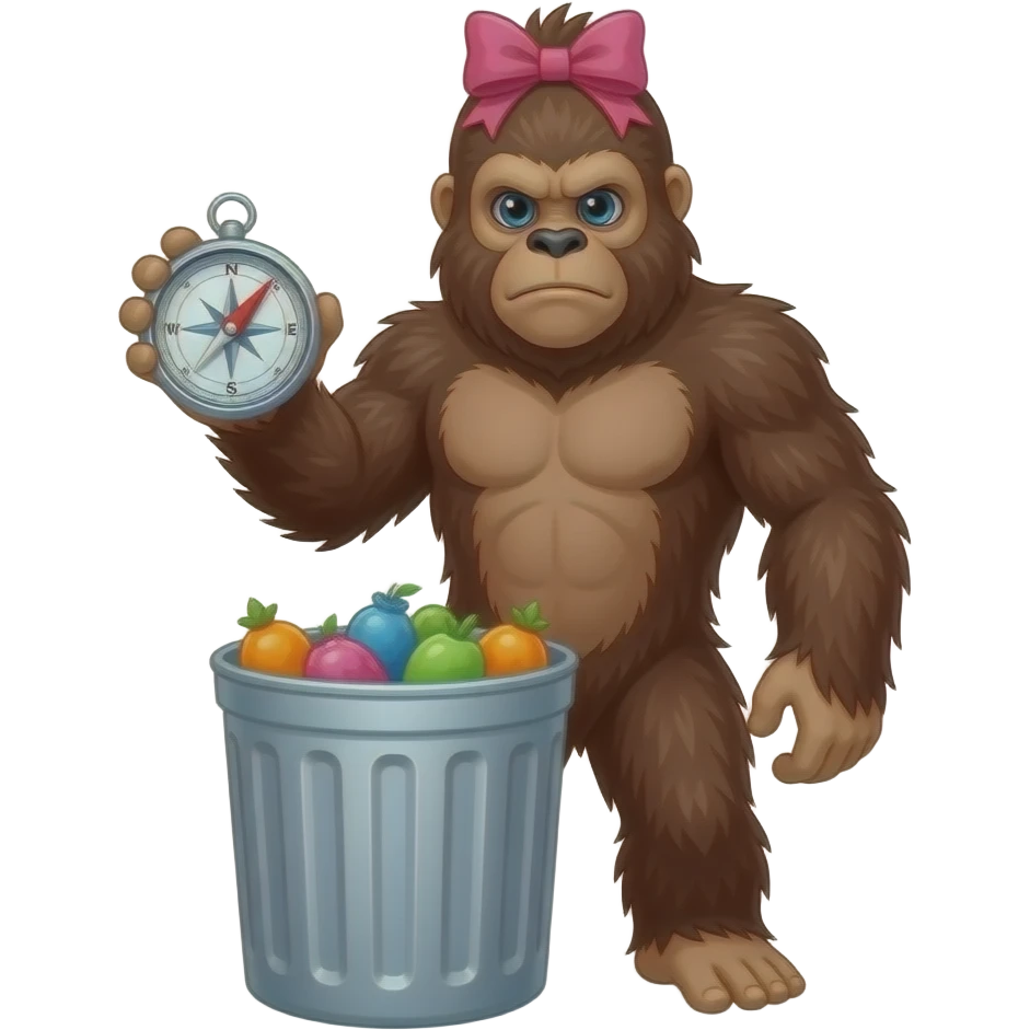 Full body sasquatch with pink bow in hair holding a compass standing in a 🗑 emoji