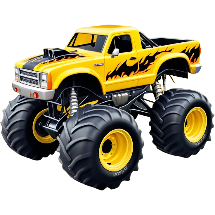 Maximum Destruction - Monster Jam (Model Year: 2021) (Iconic colour: Yellow with black flames) - A ferocious monster truck featuring a vivid yellow base accented by dramatic black flame patterns. Emphasize sharp, high-contrast flame streaks across the body, creating a look of aggressive, explosive energy. emoji