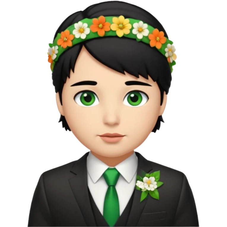 black haired green eyes very plump lips and floral headband that makes his hair look behind nicole peltz at wedding emoji