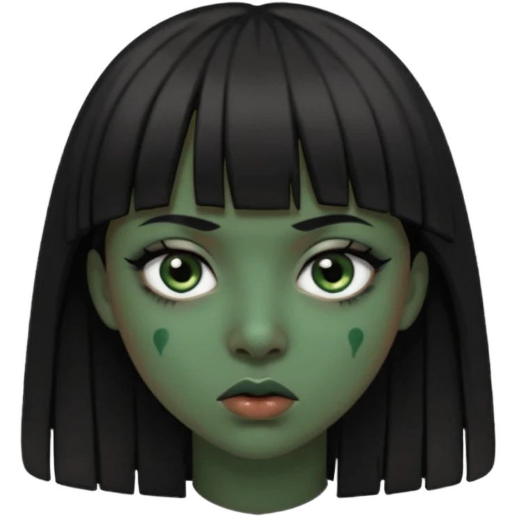Mulher de franja cabelo preto pele verde bem escuro com a cara machucada com os olhos regalado fundo escuro emoji