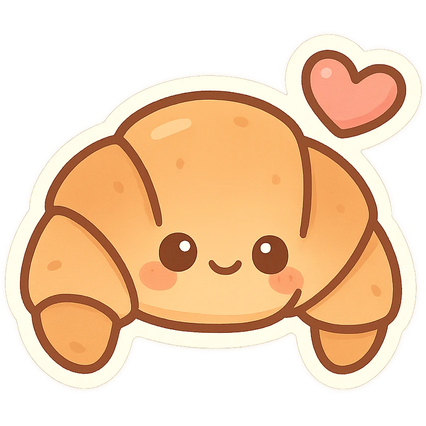 chibi sticker-style croissant with a heart, cute and exaggerated emoji