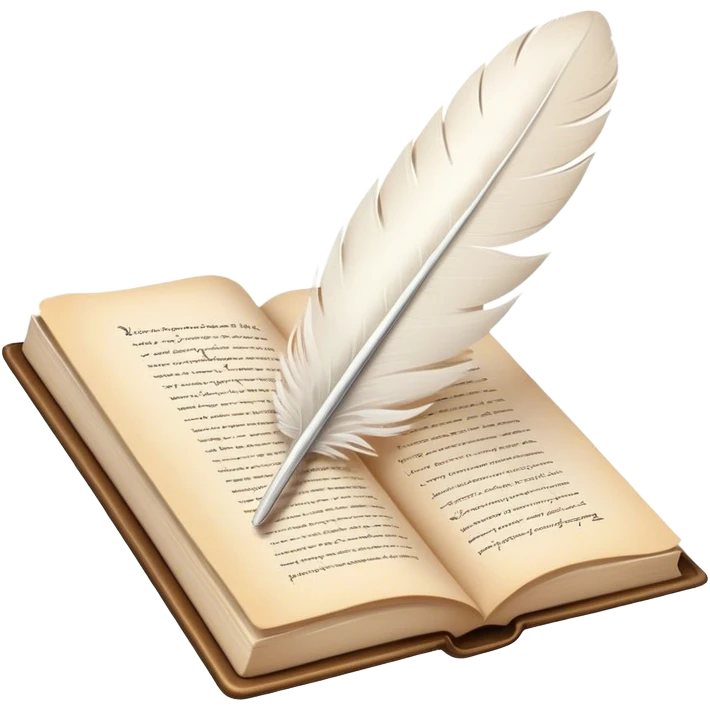 Create a poetic and elegant emoji representing poetry. The design should feature several, gracefully flying pages with short, poetic columns written on them. A white feather quill should be depicted writing on one of the pages, with ink flowing smoothly. The pages should have a soft, antique look, with subtle details to convey the delicate nature of poetry. Use soft, light colors with a romantic, airy feel. Make the background transparent. emoji
