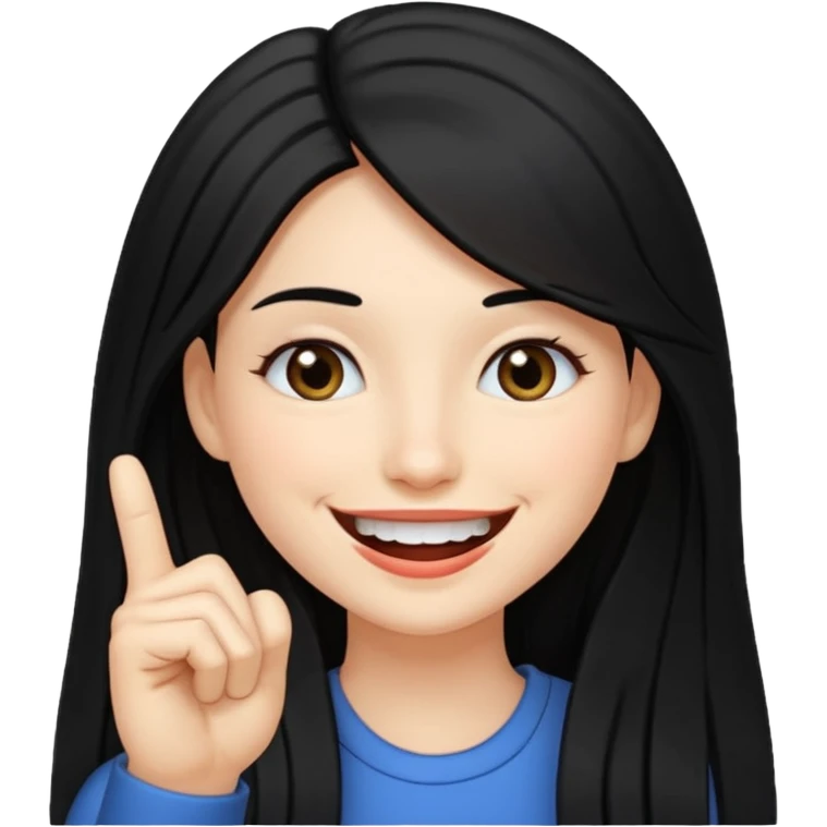 Haz una imagen de una mujer con cabello negro largo , con una sonrisa en su cara y la punta de su dedo indice entre sus dientes emoji