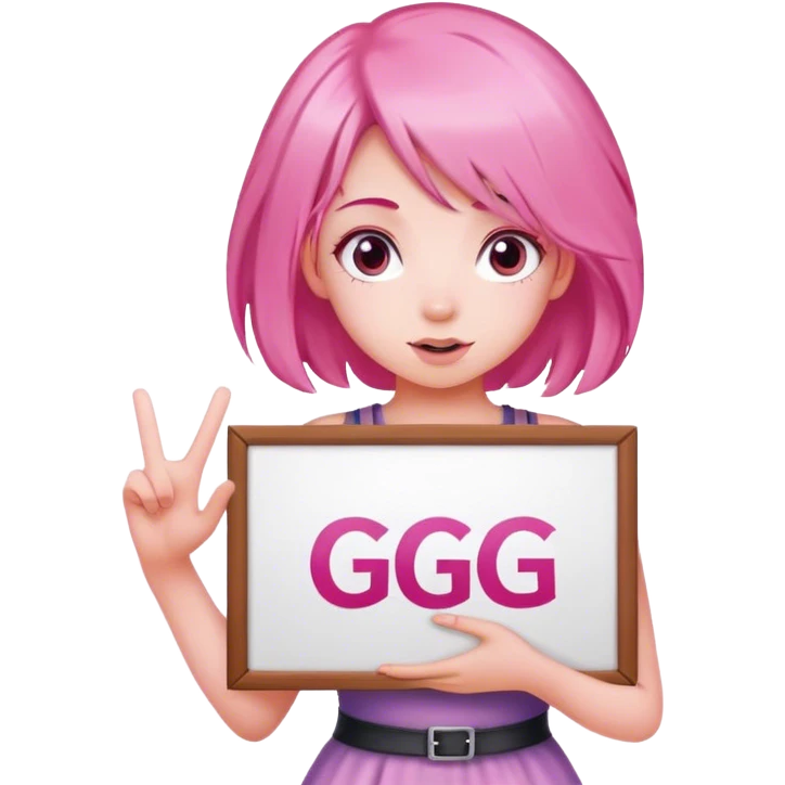 girl with pink hair, big sign saying "GG" emoji