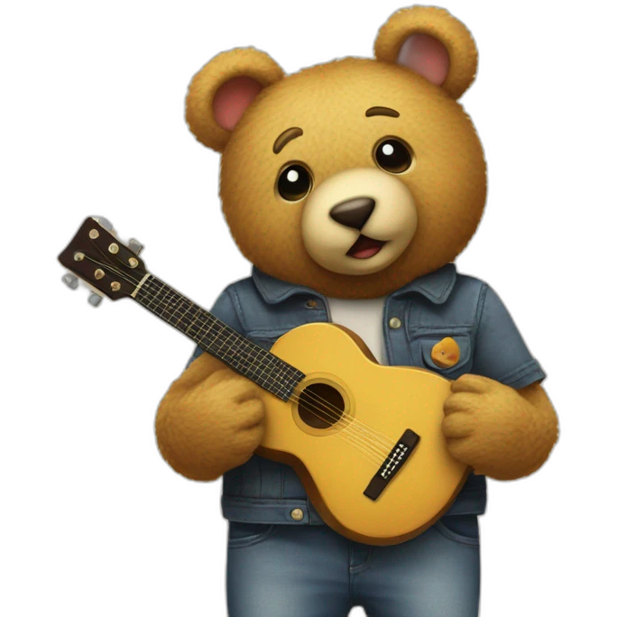 a teddy with a guitar holding hands with a chick with a camera and art st emoji