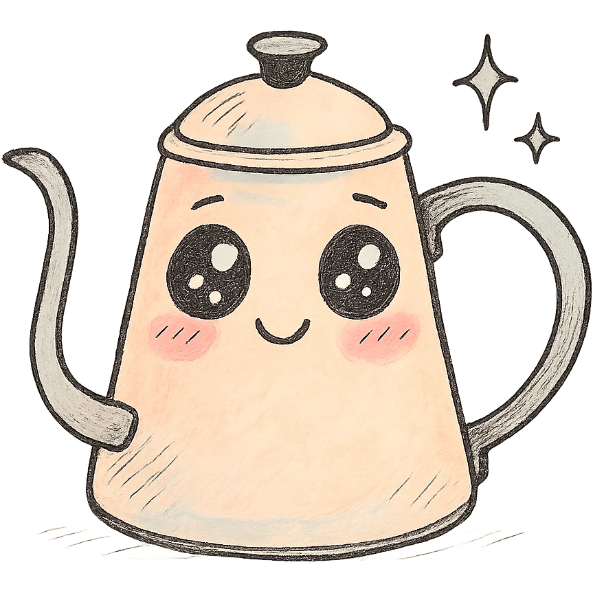 hand-drawn pour-over kettle, full body, big sparkling eyes, soft pastel colors emoji