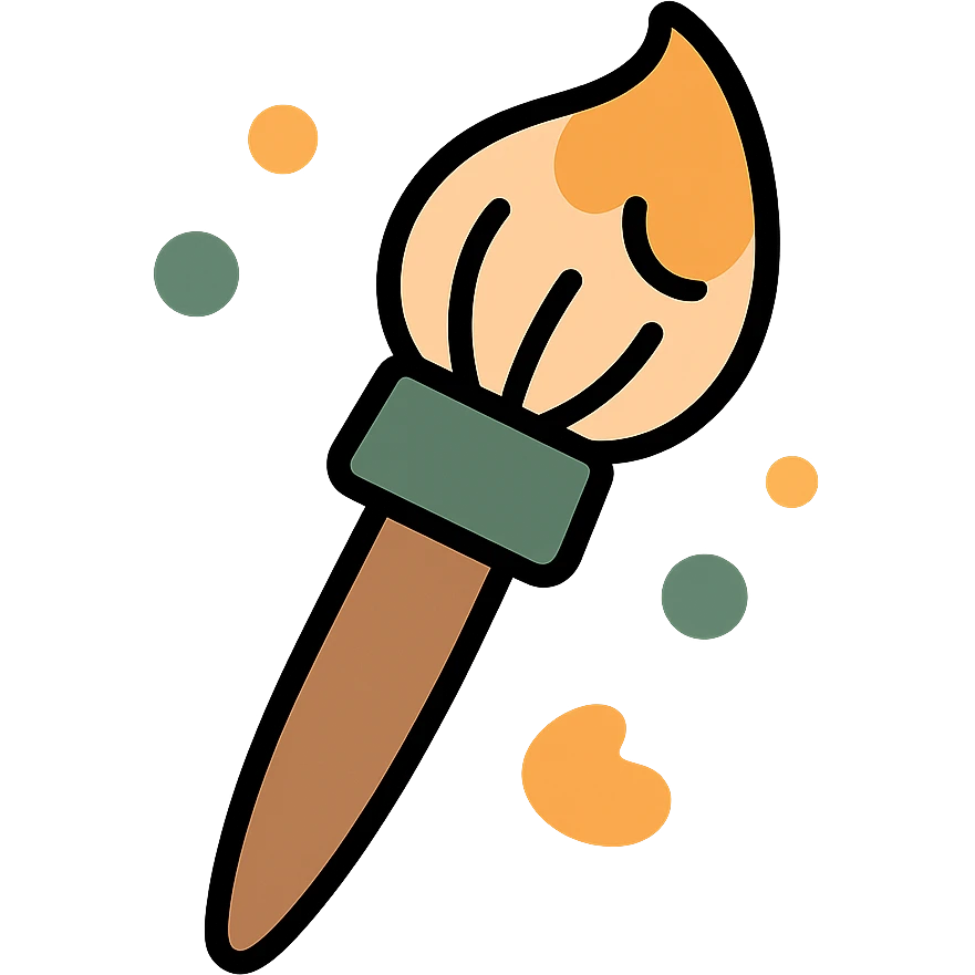 A cute and whimsical artist's paintbrush with a soft and cozy design, featuring a warm color palette: golden orange (FA9B41), deep forest green (4A7C5C), muted taupe brown (96775A), and pastel peach (FFCC9A). The brush has a delicate wooden handle in muted brown, with the bristles slightly fanned out, holding a touch of paint in shades of peach and orange. The tip of the brush is dipped in a soft golden hue, and tiny splashes of paint in the palette’s colors are gently scattered around. The overall mood is playful, artistic, and charming, evoking a sense of creativity and warmth. emoji