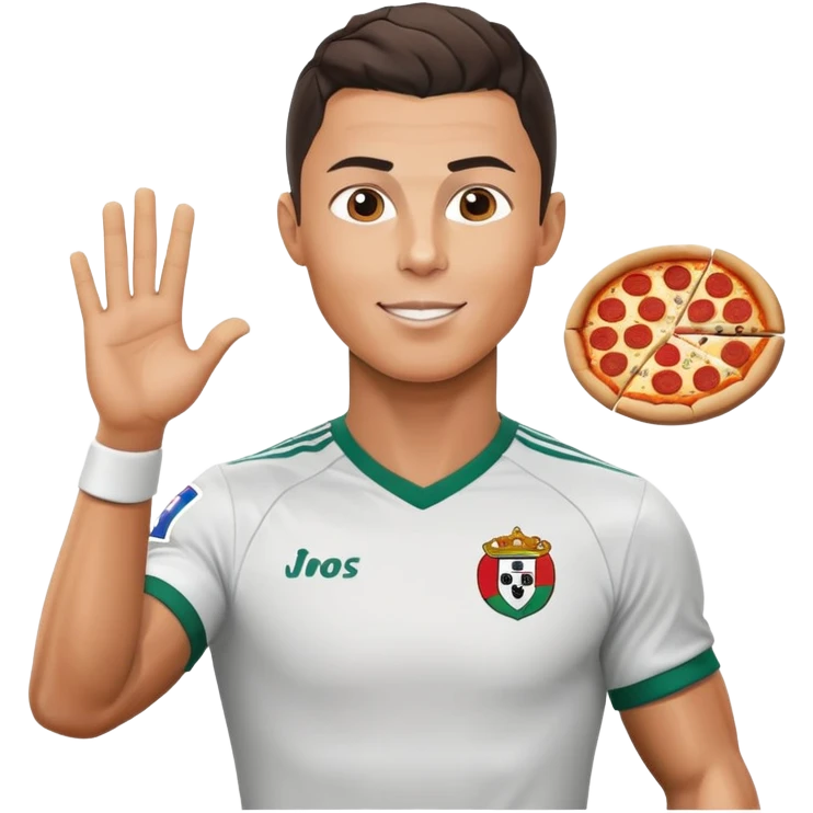 Cristiano ronaldo is eating pizza and in his other hand waveing emoji