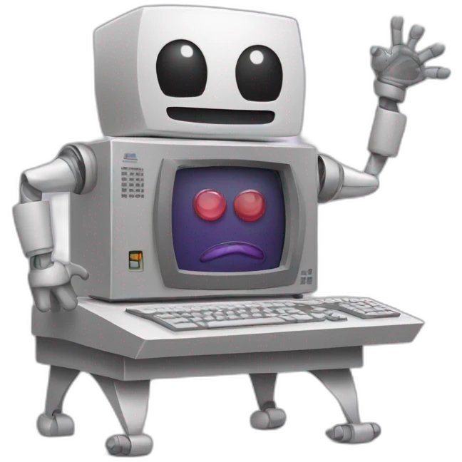 Anthropomorphic computer with arms and legs doing something random emoji