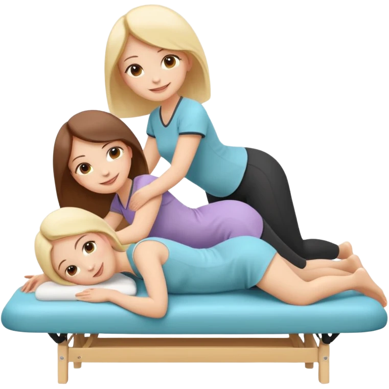 A cute emoji-style illustration of a girl lying on a massage table during a relaxing massage session, while another girl gently gives her a back massage. Soft colors, peaceful atmosphere, simple rounded emoji-like shapes, friendly and wholesome. emoji