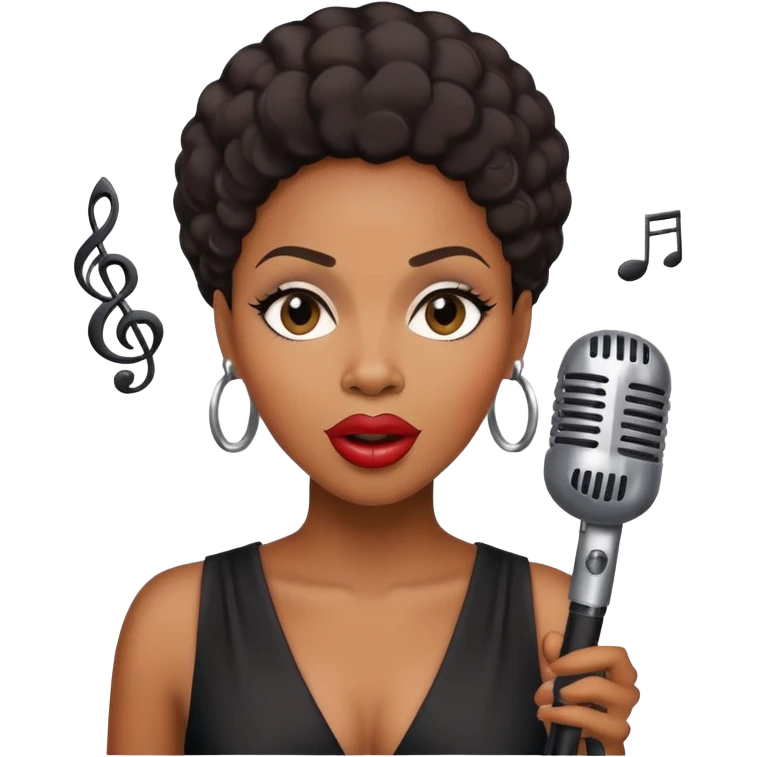 Black female jazz singer with a microphone, expressive face, musical notes emoji