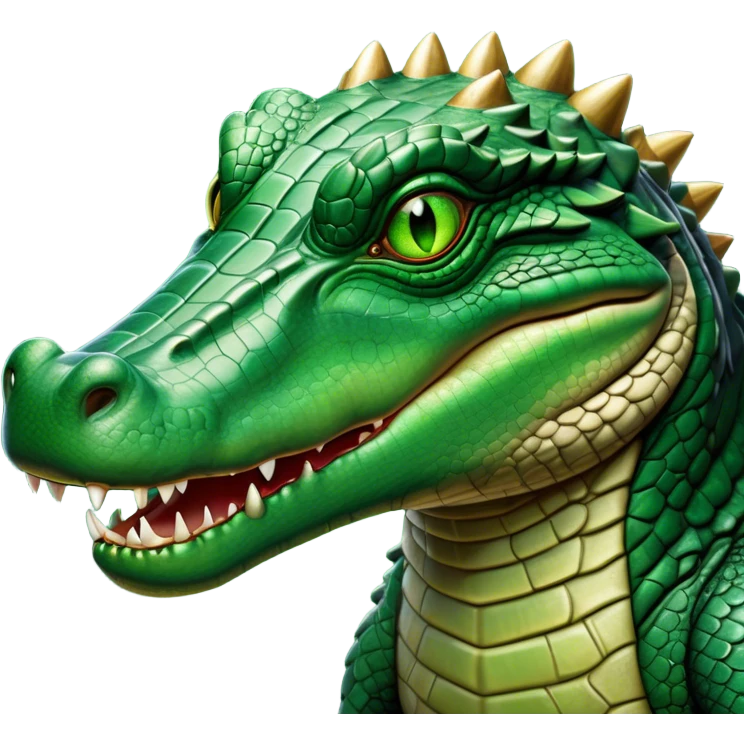 Cinematic Noble Crocodile Portrait Emoji, Poised and regal, with a powerful, elongated build and a rugged, scaly emerald-green hide, piercing cold eyes, Simplified yet sharp and sophisticated features, highly detailed, glowing with a soft, dignified glow, high shine, intelligent and formidable, stylized with an air of ancient might, focused and attentive, soft glowing outline, capturing the essence of a watchful and commanding reptile, so majestic it feels as though it could silently slide out of the screen with effortless authority! emoji