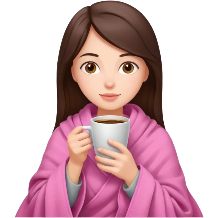 Brunette girl in pink blanket drinking coffee emoji