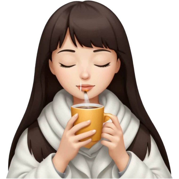 Dark brown hair with straight bang girl inside a white blanket sipping coffee eyes closed emoji