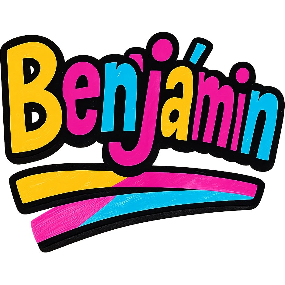 Benjámin name in colorful, modern, dynamic style with dark outline, transparent background, slanted colorful underline, based on reference patterns emoji
