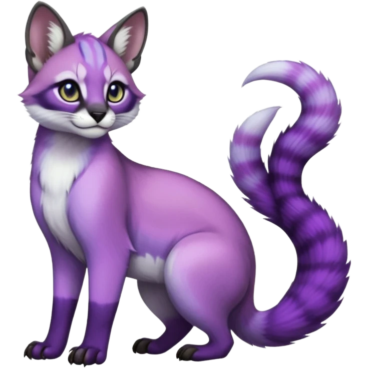 Colorful dark tropical pastel-lilac-lavender-violet iridescent pastel white glorious divine exotic cute cool beautiful shiny beautiful fantasy-caracal-civet-genet-sergal-vernid-Cacomistle-oncilla-animal-Fakémon-hybrid-fursona (full body) emoji