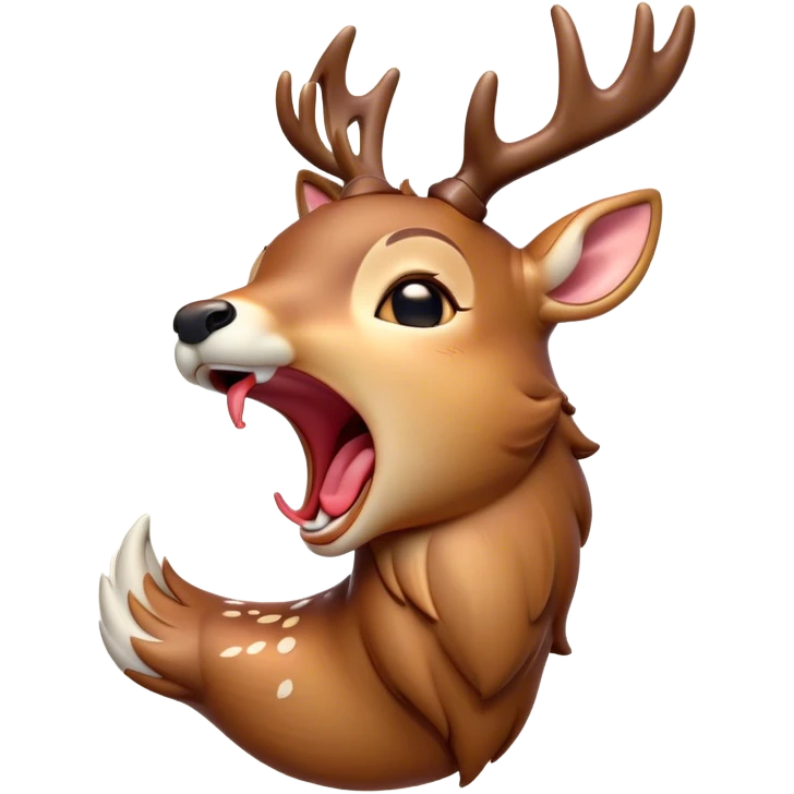 Cinematic Cute Yawning Deer Portrait Emoji, Head tilted slightly with a dramatic, wide-open yawn, revealing a soft, dappled coat and elegantly drooping ears, eyes barely open in drowsy contentment, Simplified yet irresistibly adorable features, highly detailed, glowing with a soft, cozy glow, high shine, relaxed yet expressive, stylized with a touch of natural whimsy, bright and endearing, soft glowing outline, capturing the essence of a sleepy yet affectionate deer, so drowsy it feels like it could stretch right out of the screen and curl up for a nap! emoji