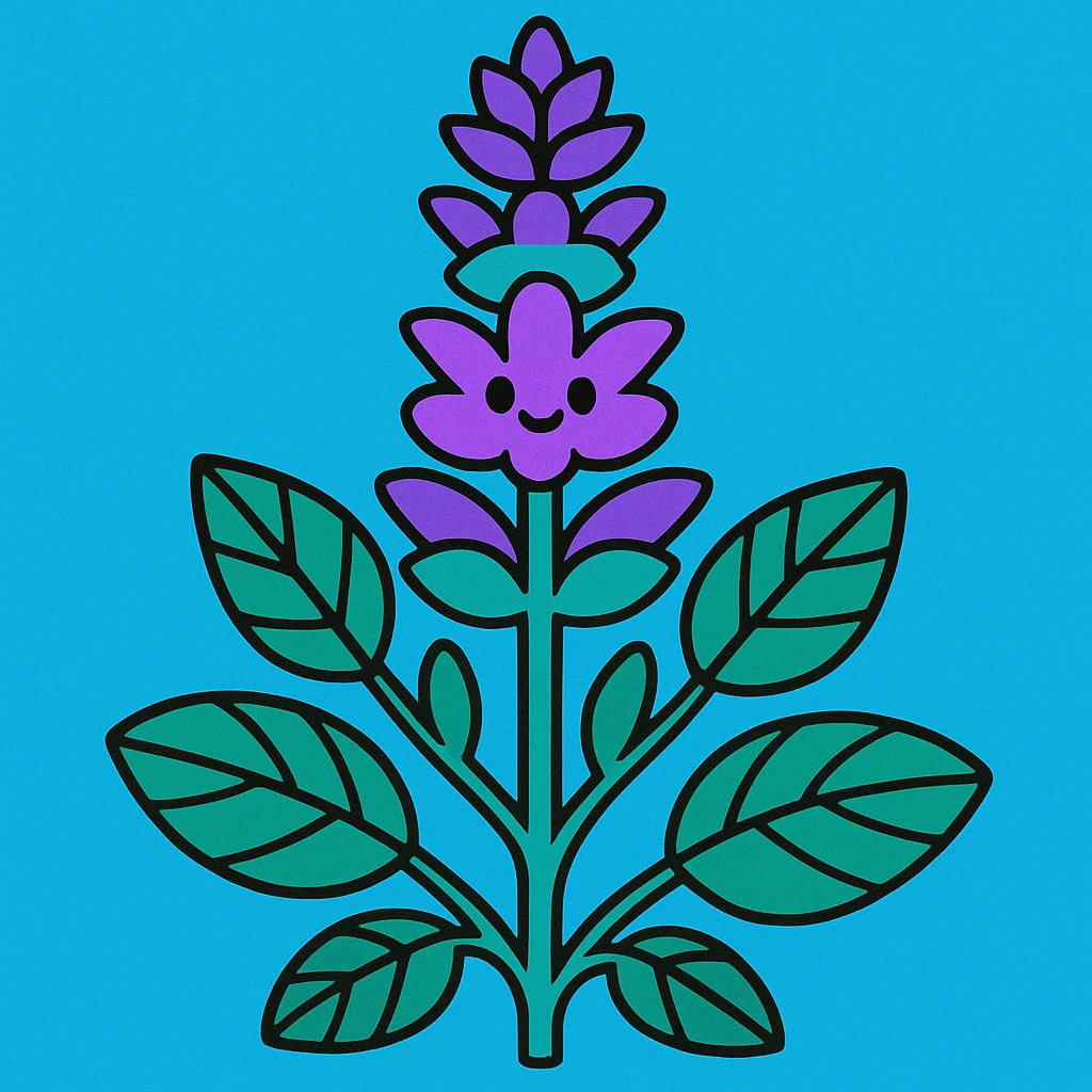 clary sage plant, bluey green color, cartoon style, vibrant colors, playful, friendly emoji