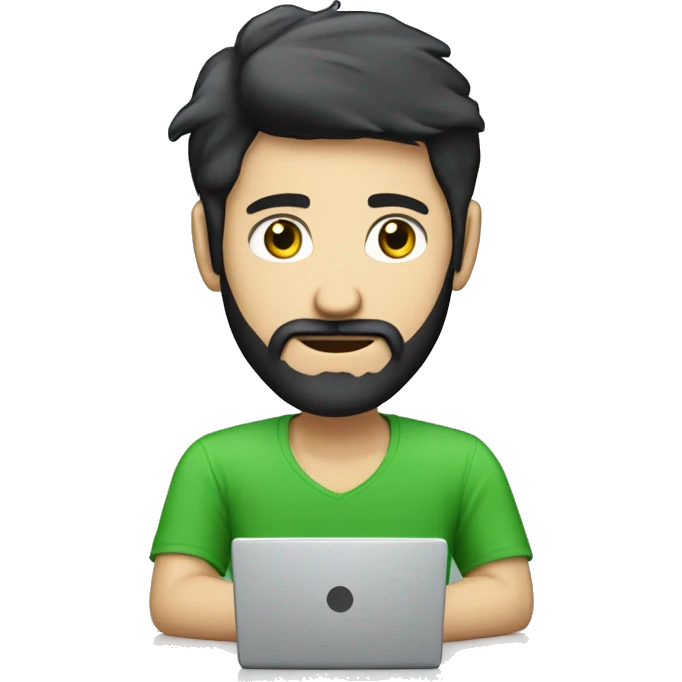 white guy with black hair thin face with beard typing in laptop wearing green t-shirt working in call center emoji