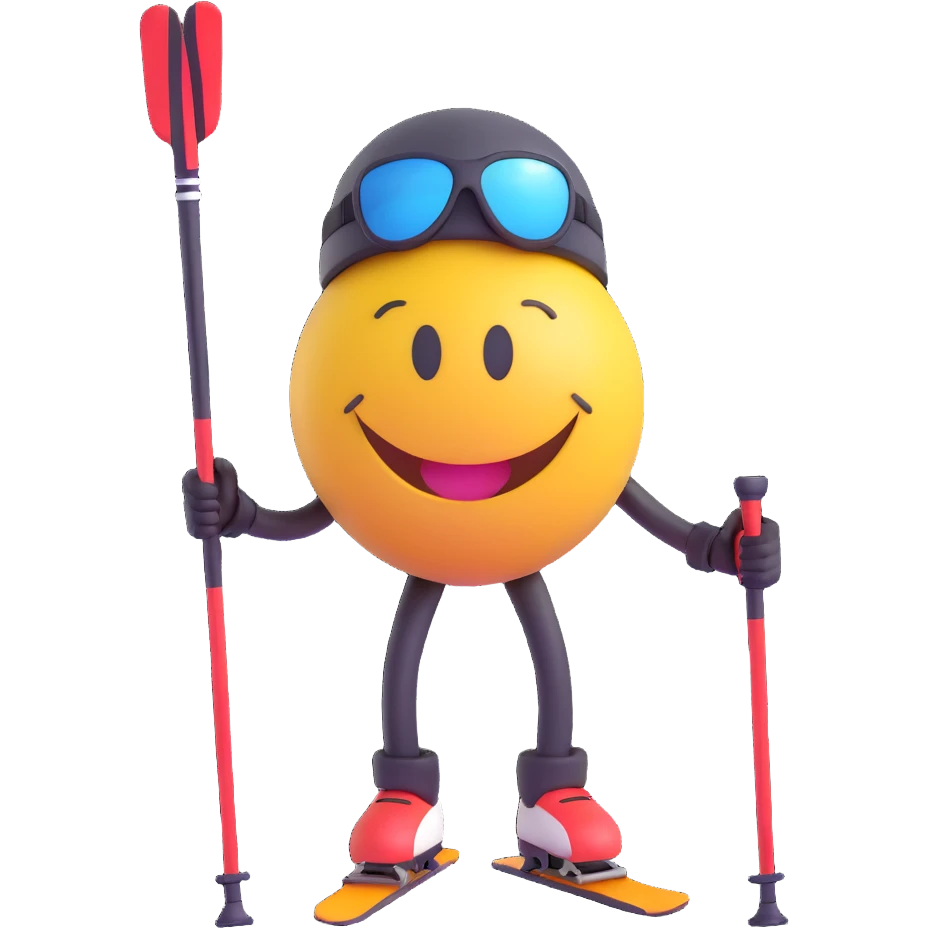 3D smiley emoji, round shape, with skis and ski poles, sporty face emoji