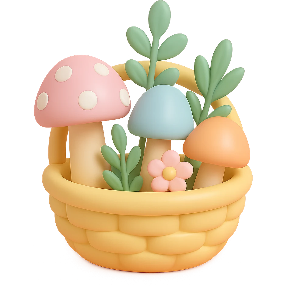 basket full of forest goodies including mushrooms, herbs, flowers in soft pastel colors, vinyl figure style emoji