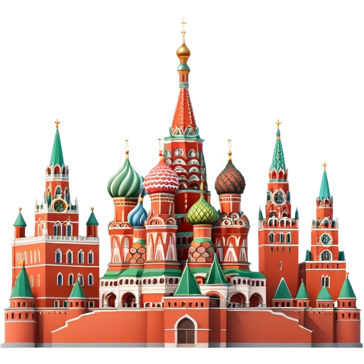 cinematic realistic emoji of Moscow skyline with iconic landmarks Kremlin, St. Basil's Cathedral, Moscow State University, FSB Headquarters Building Lubyanka, lifelike detail, accurate colors, bright daytime lighting, wide city view, no sky, no clouds emoji