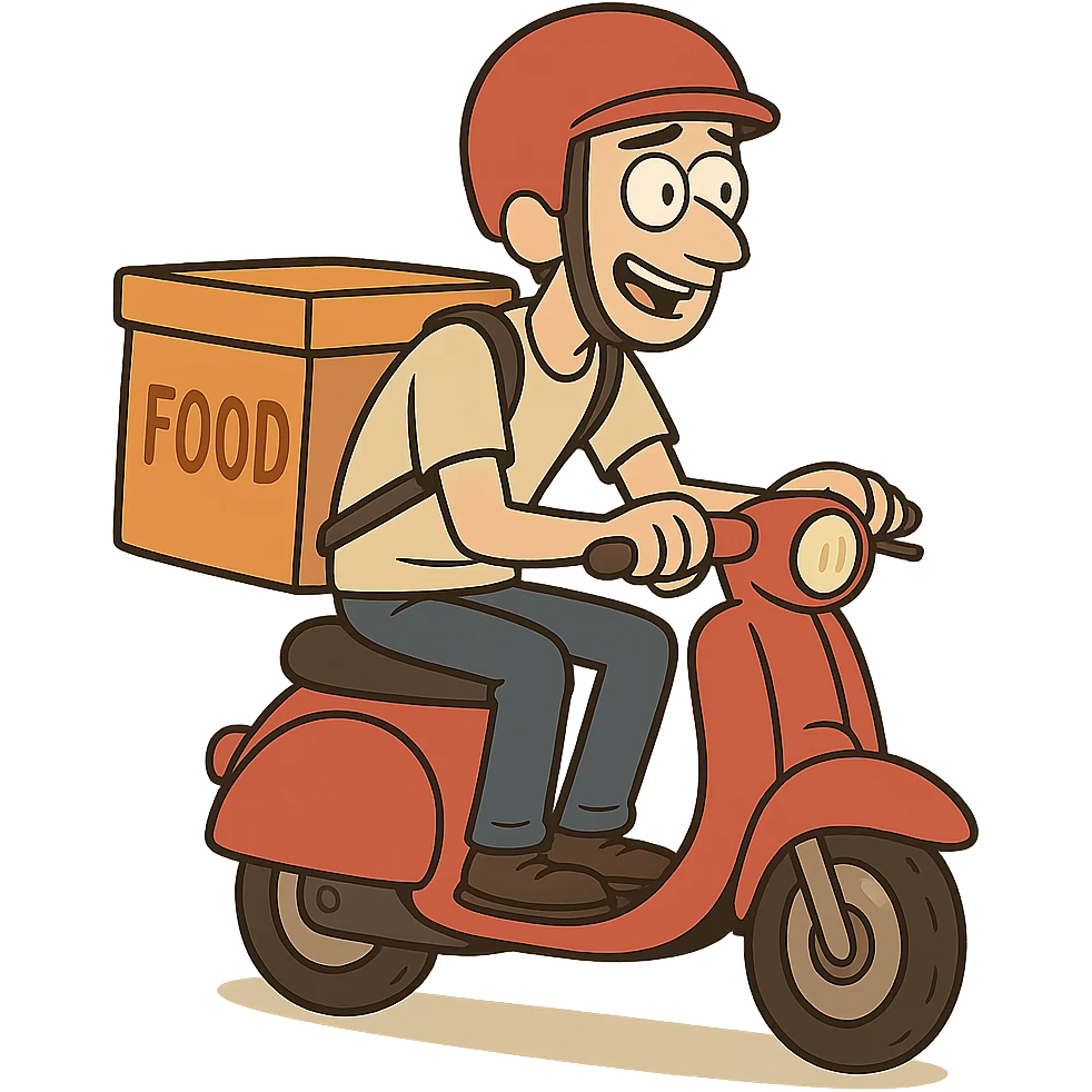 cartoon style motoboy delivering food emoji