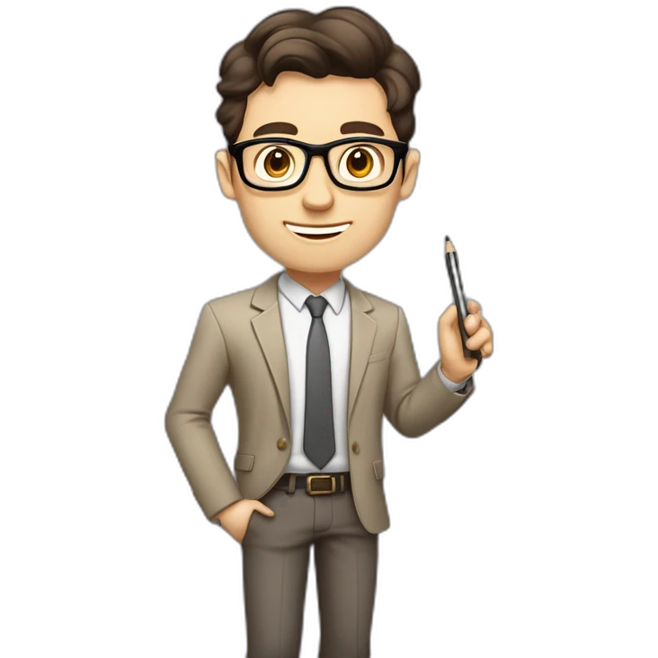 Pale skinned fit man with dark brown hair in gray jacket, beige office shirt, brown tie, brown pants and vintage glasses Writing text on the flipchart emoji