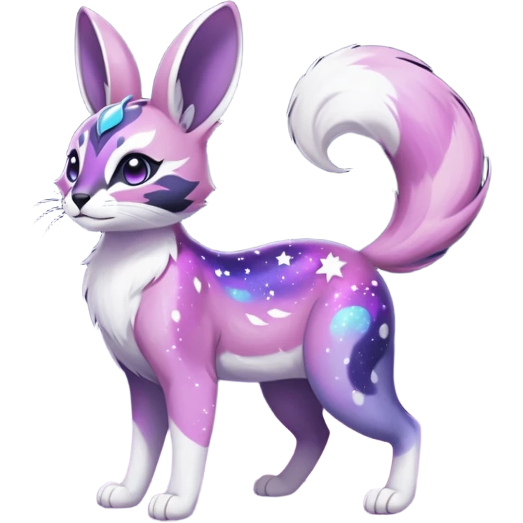 Colorful black-violet-indigo-purple-pink-gradients nebulae nebula white stars-sparkles-markings galactical shiny white-stars-patterned glorious iridescent divine exotic cute cool beautiful realistic Meloetta-caracal-civet-sergal-bunny-oncilla-animal-Fakémon-hybrid-fursona (full body) emoji