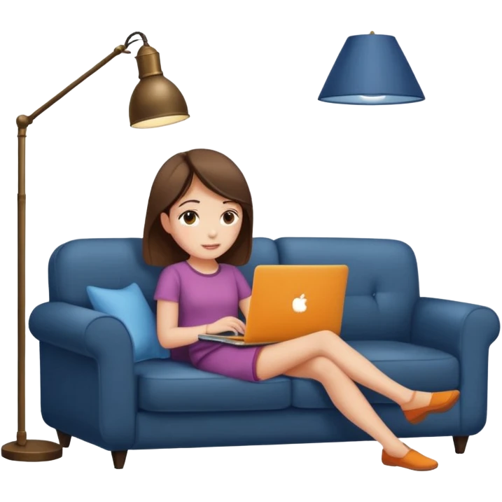 A girl is working with a laptop while lying on a sofa, with a floor lamp to the right. emoji