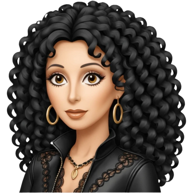 realistic cinematic singer Cher in a typical naked attractive outfit with leather and lace, huge curly hair like in the video If I Could Turn Back Time emoji