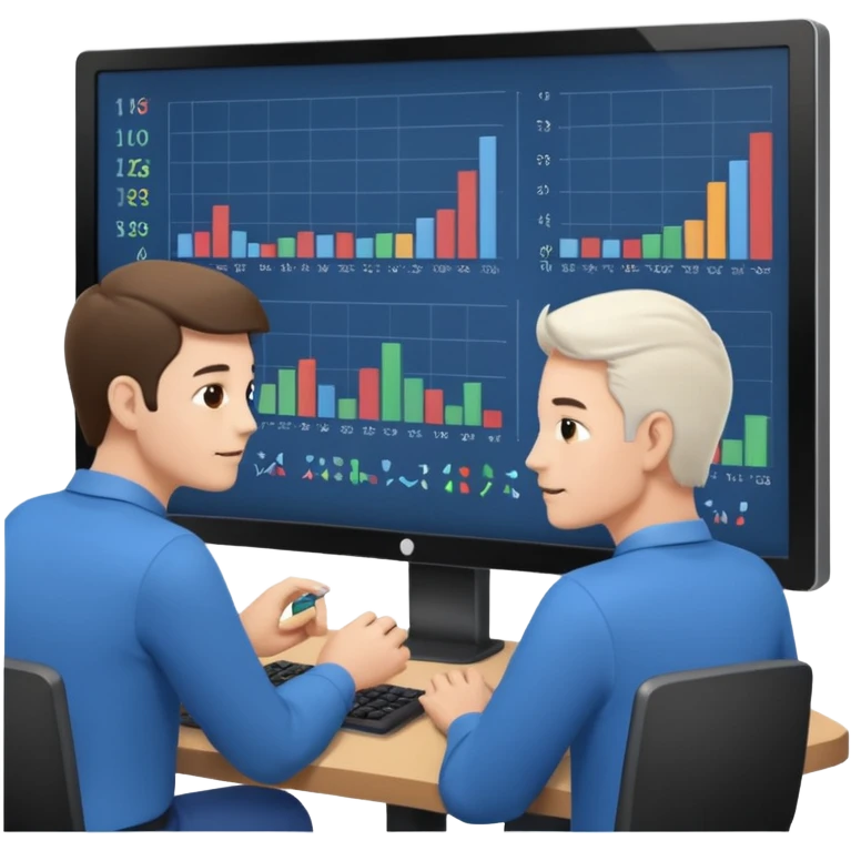 teaching somebody else in person, in the same place, watching the same monitor together, the trainee and trainer are in the similar age, two both are men, the monitor should be showing some data graphs  emoji